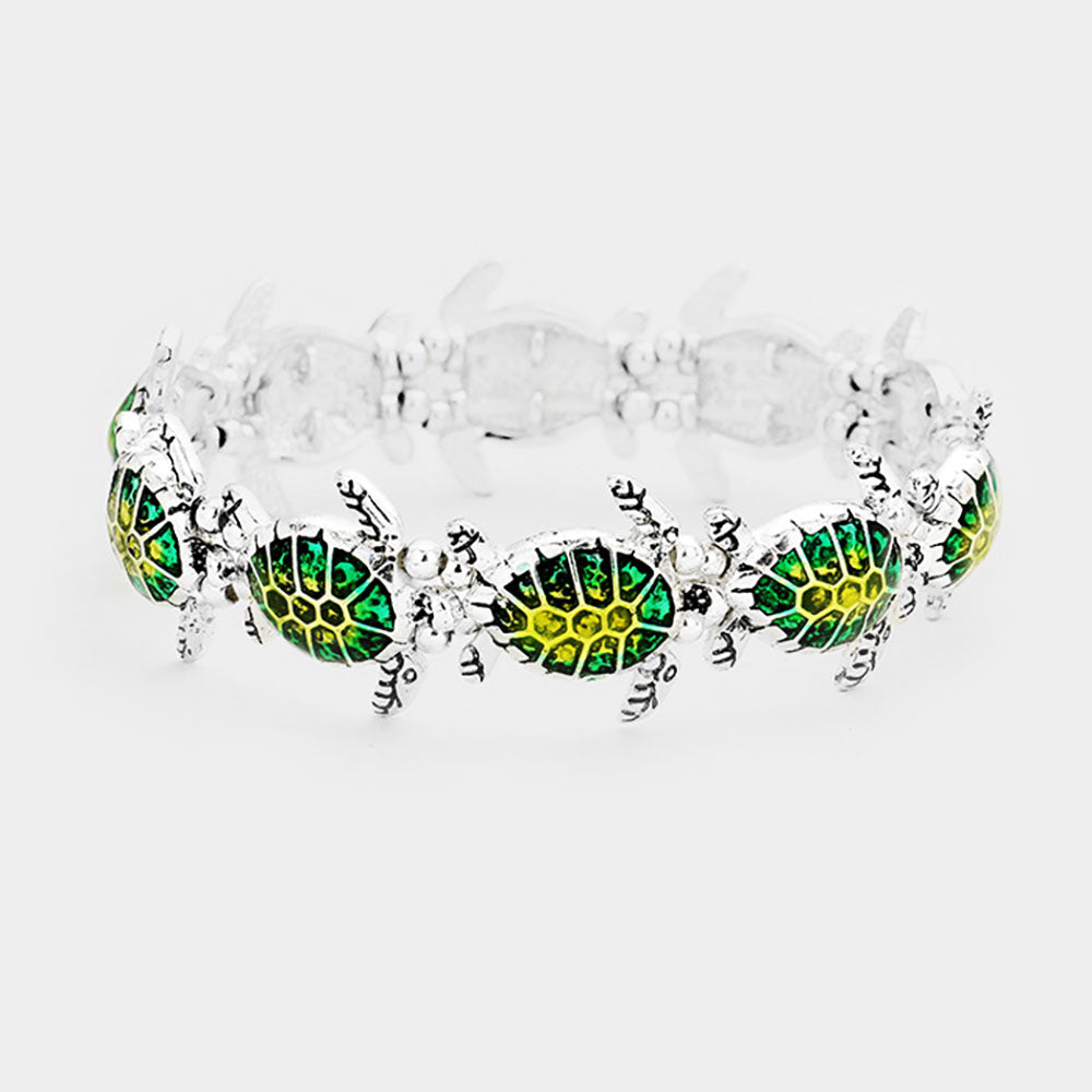 Madeline Love Antique Silver, Multi Enamel Turtle Metal Stretch Bracelet - Bracelets