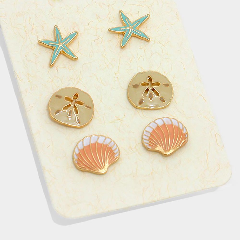 Gold, Multi 3Pairs - Enamel Starfish Sand Dollar Sea Shell Stud Earrings