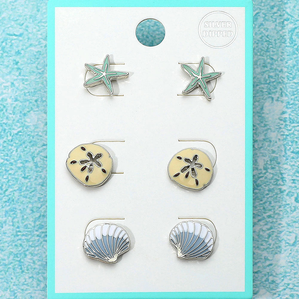 Multi, Rhodium 3Pairs - Enamel Starfish Sand Dollar Sea Shell Stud Earrings