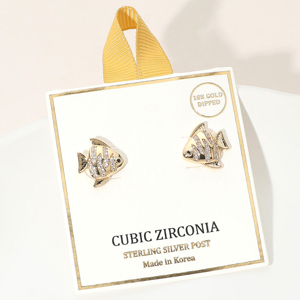 Madeline Love Clear, Gold 18K Gold Dipped CZ Stone Paved Fish Stud Earrings