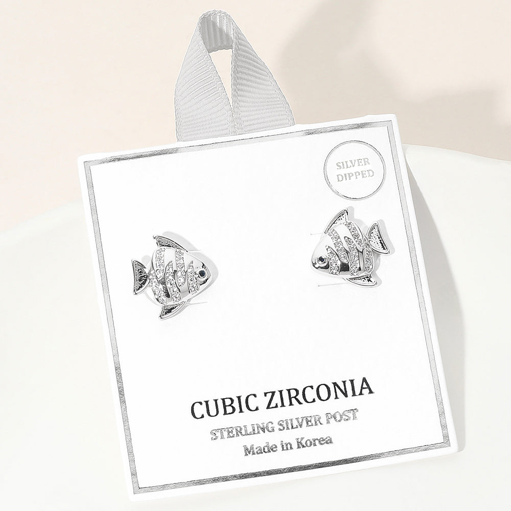 Madeline Love Clear, Rhodium Silver Dipped CZ Stone Paved Fish Stud Earrings