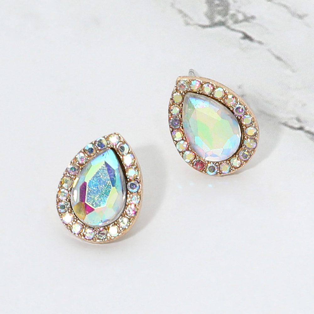 Madeline Love AB, Gold Teardrop Stone Halo Evening Stud Earrings