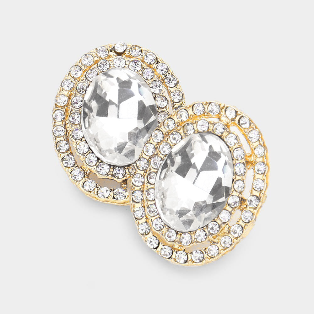 Madeline Love Gold Rhinestone Trim Oval Stone Stud Evening Earrings