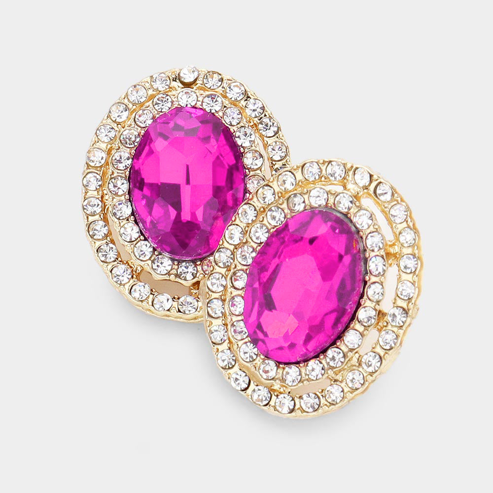 Madeline Love Fuchsia Rhinestone Trim Oval Stone Stud Evening Earrings