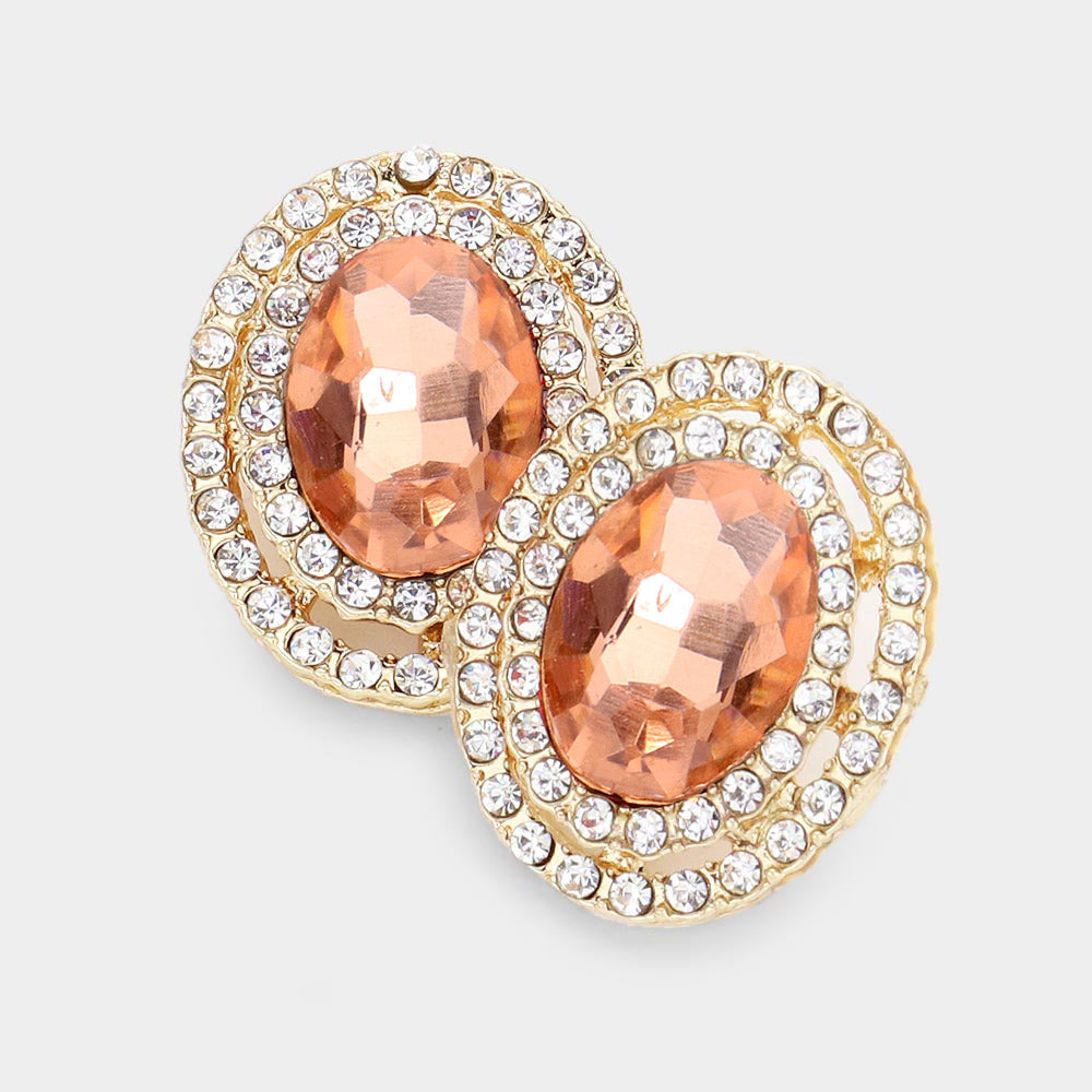 Madeline Love Peach Rhinestone Trim Oval Stone Stud Evening Earrings