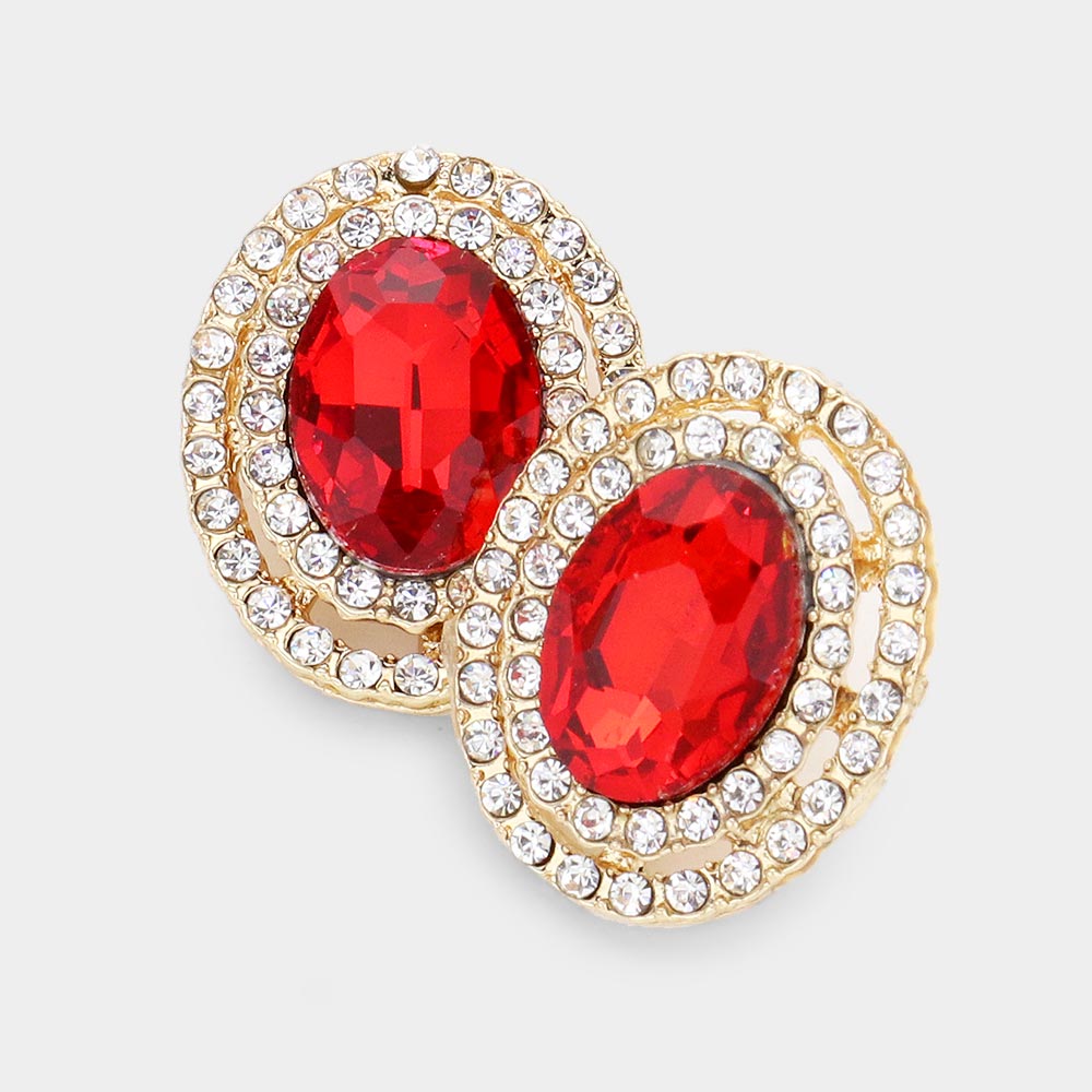Madeline Love Red Rhinestone Trim Oval Stone Stud Evening Earrings