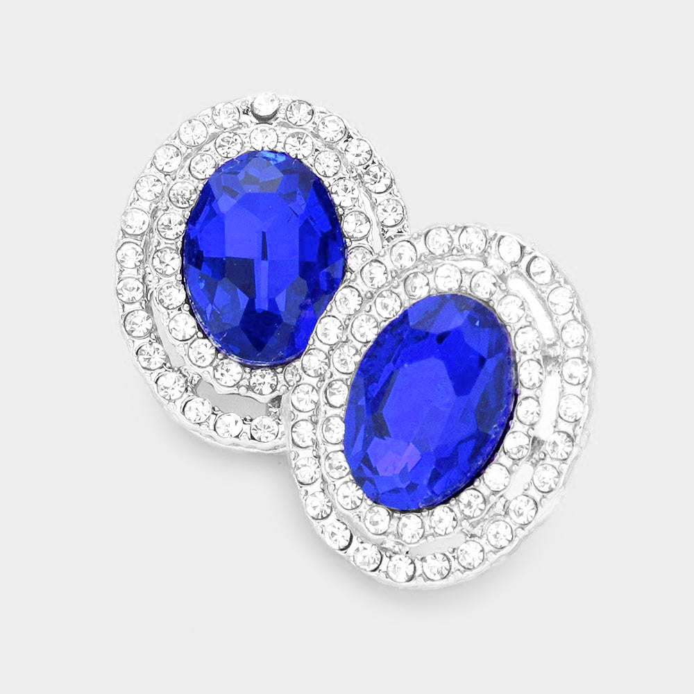 Madeline Love Sapphire Rhinestone Trim Oval Stone Stud Evening Earrings