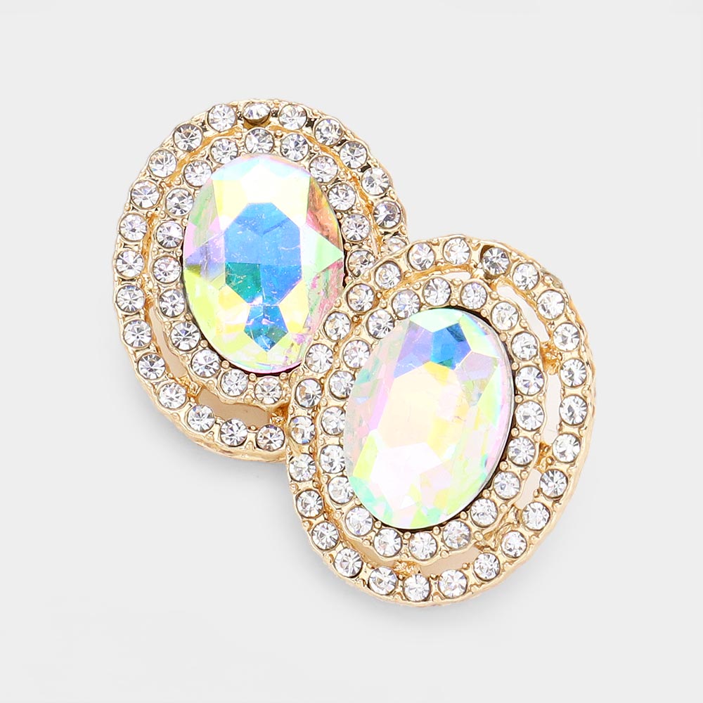 Madeline Love AB, Gold Rhinestone Trim Oval Stone Stud Evening Earrings