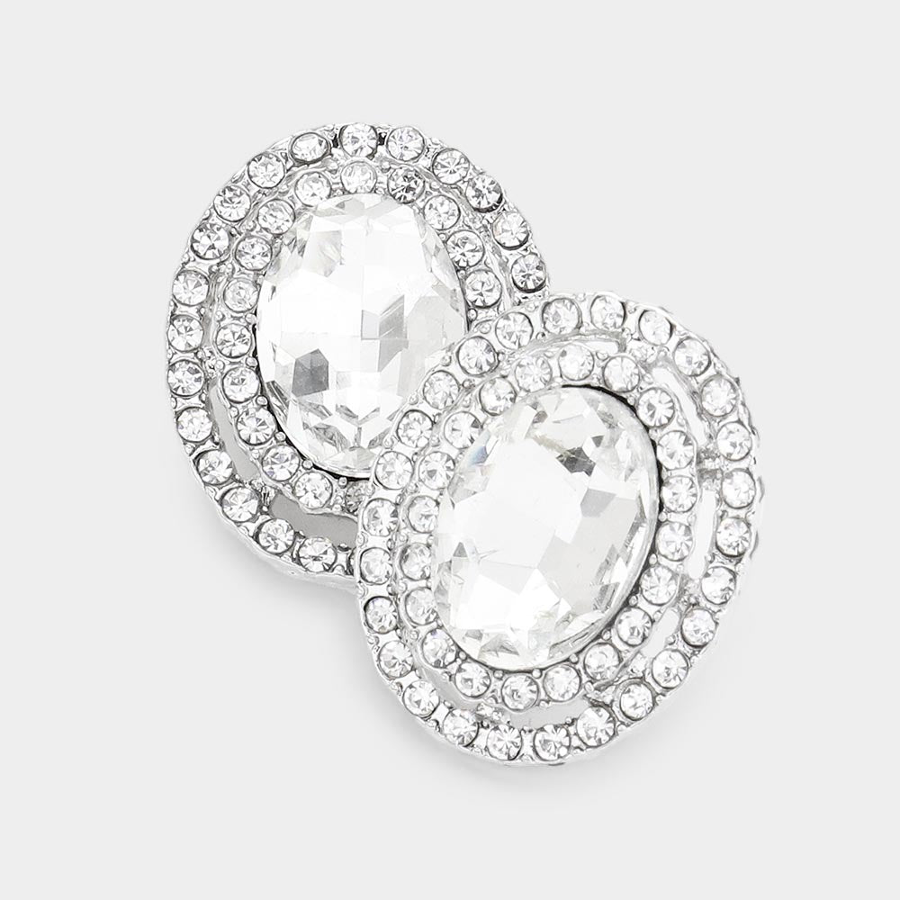 Madeline Love Silver Rhinestone Trim Oval Stone Stud Evening Earrings
