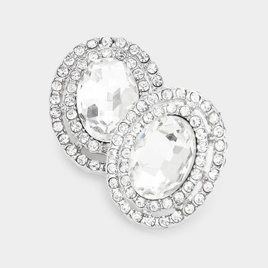 Madeline Love Silver Rhinestone Trim Oval Stone Stud Evening Earrings