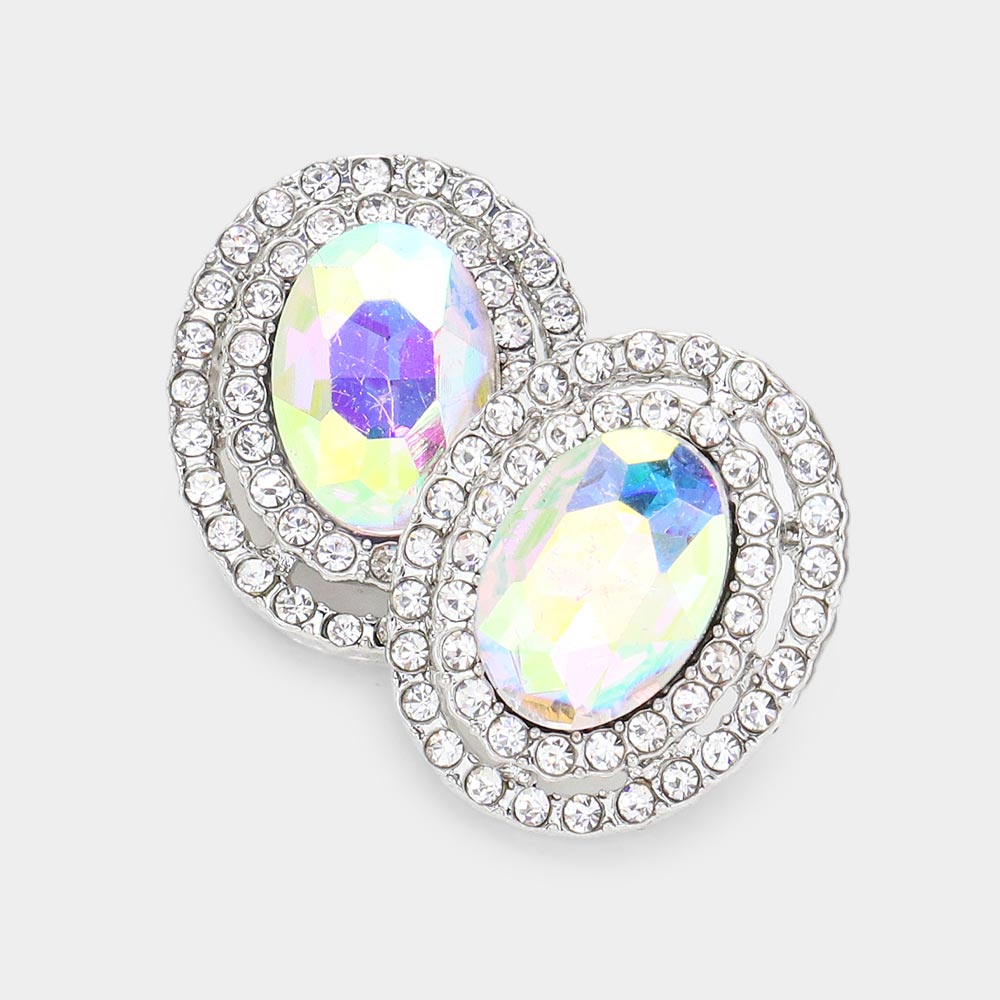 Madeline Love AB, Silver Rhinestone Trim Oval Stone Stud Evening Earrings