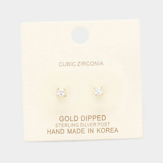 Madeline Love Clear, Gold Gold Dipped 3mm Cubic Zirconia Square Stud Earrings