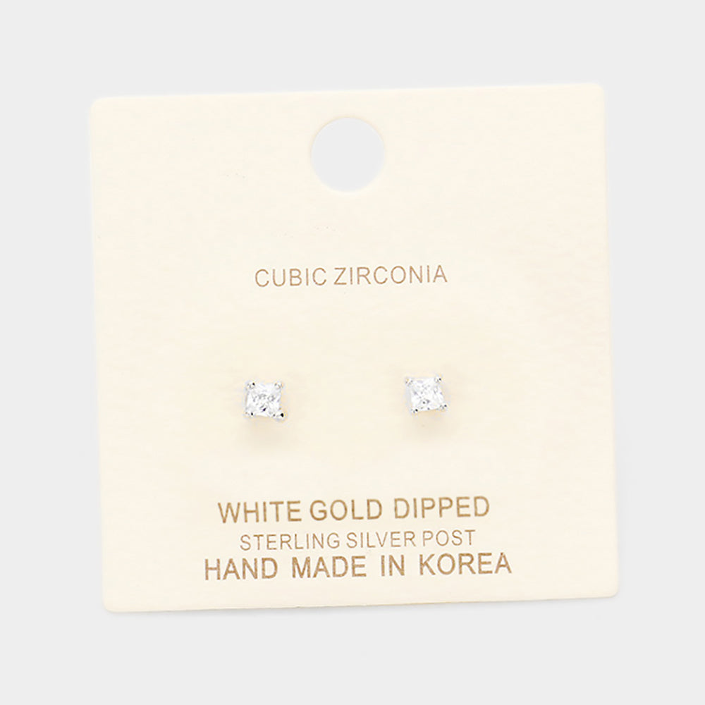 Madeline Love Clear, Rhodium White Gold Dipped 3mm Cubic Zirconia Square Stud Earrings