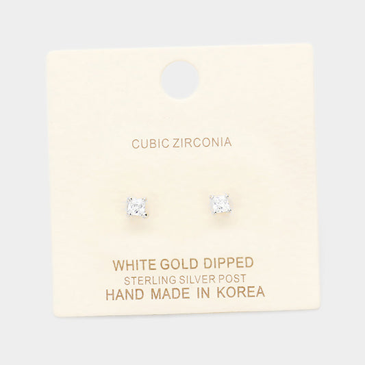 Madeline Love Clear, Rhodium White Gold Dipped 3mm Cubic Zirconia Square Stud Earrings