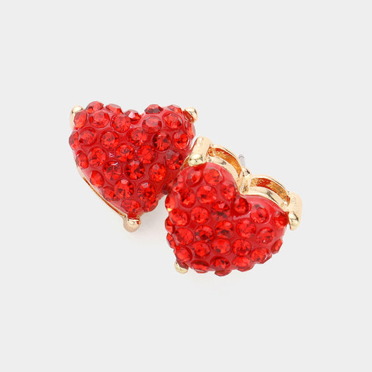 Stone Embellished Heart Stud Earrings - Red - Earrings