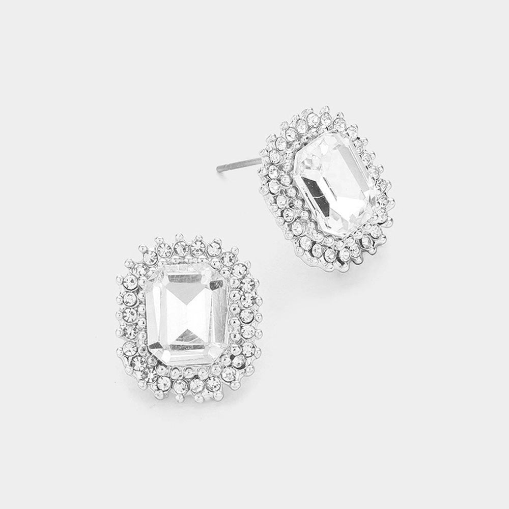 Madeline Love Rhodium Rectangle Stone Stud Evening Earrings