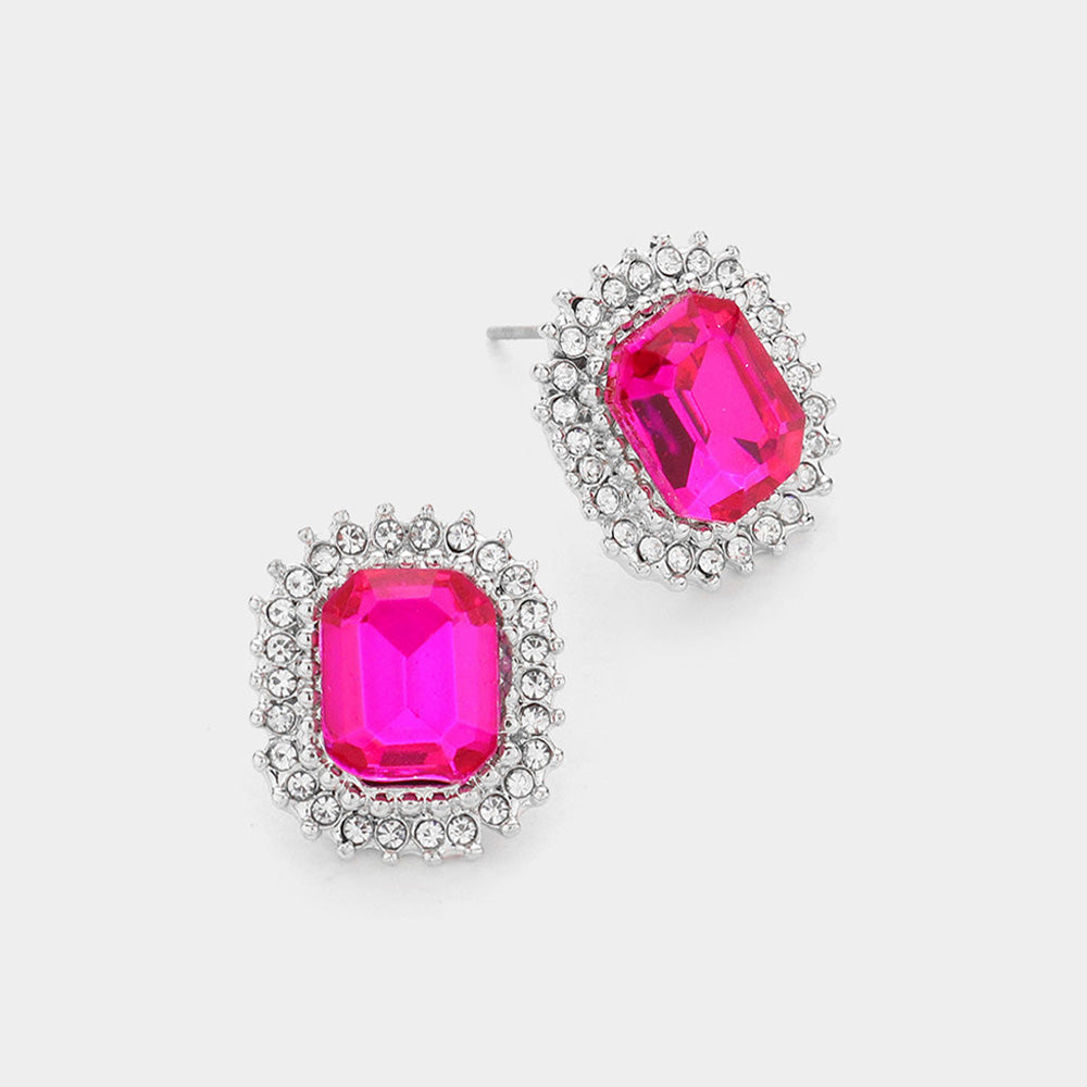 Madeline Love Fuchsia, Rhodium Rectangle Stone Stud Evening Earrings