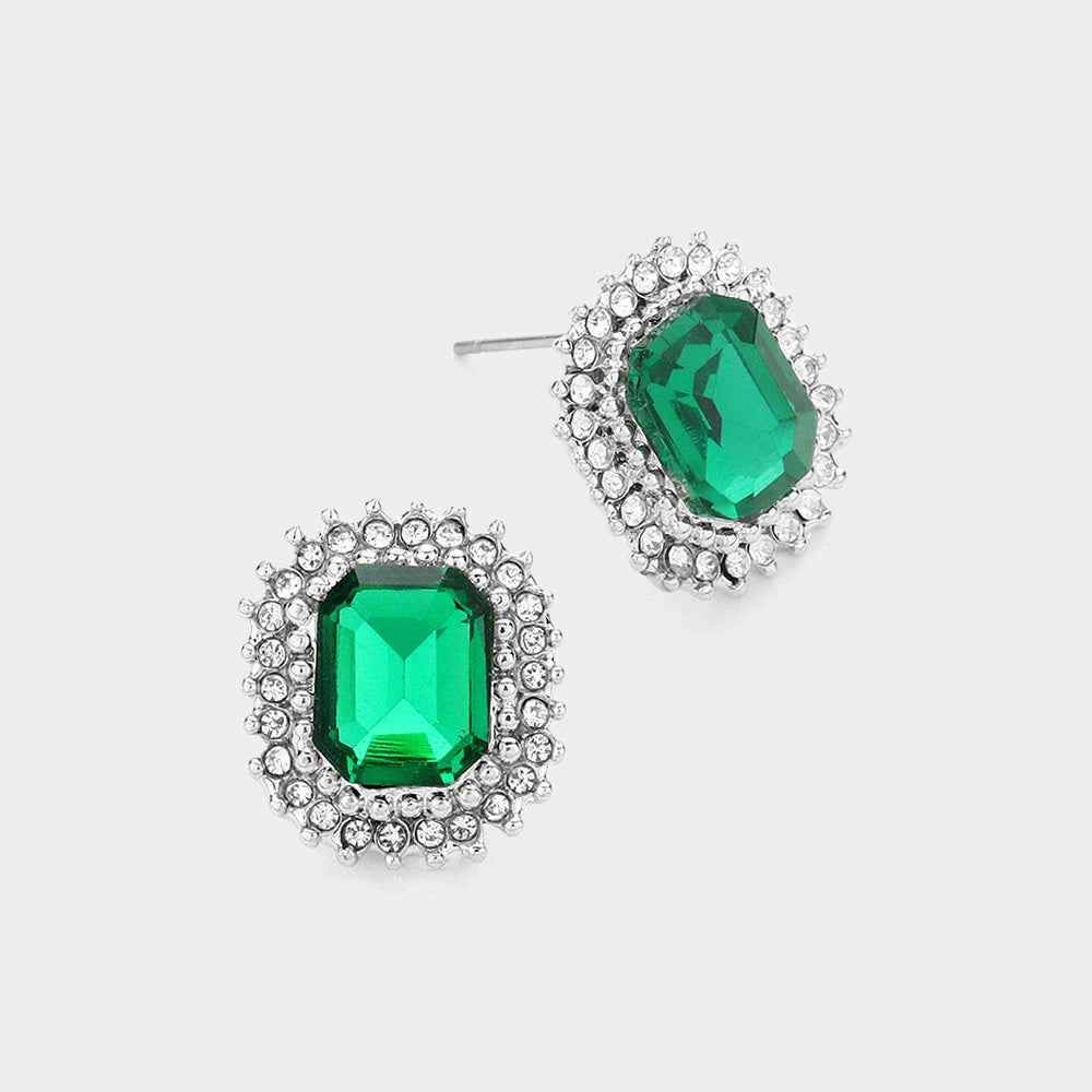 Madeline Love Green, Rhodium Rectangle Stone Stud Evening Earrings