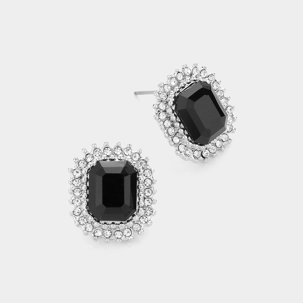 Madeline Love Jet Black, Rhodium Rectangle Stone Stud Evening Earrings