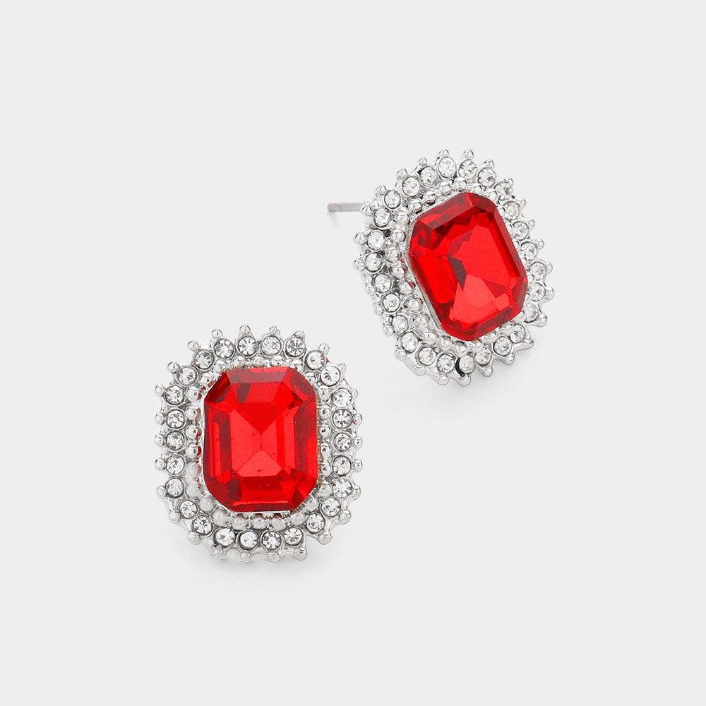 Madeline Love Red, Rhodium Rectangle Stone Stud Evening Earrings