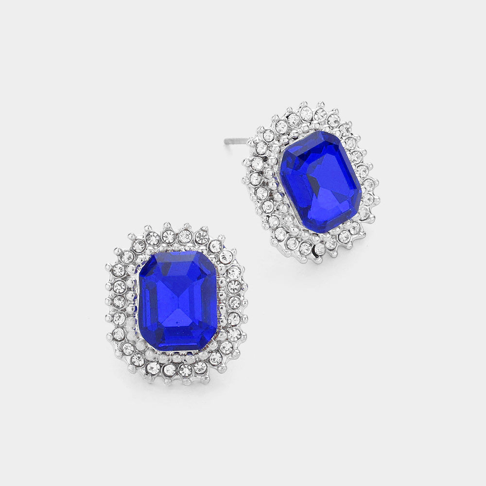 Madeline Love Rhodium, Sapphire Rectangle Stone Stud Evening Earrings