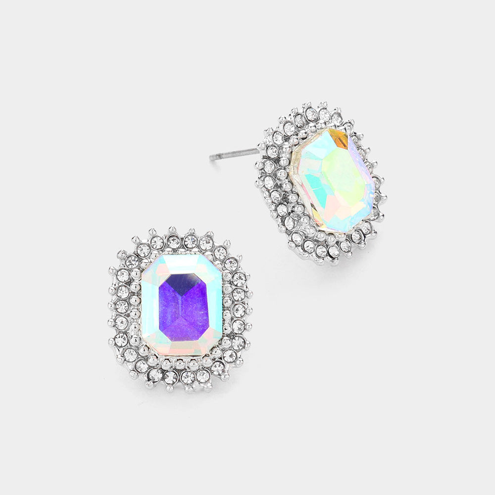 Madeline Love AB, Rhodium Rectangle Stone Stud Evening Earrings