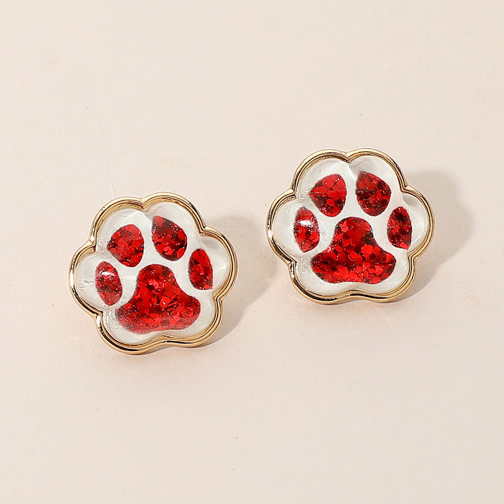 Madeline Love Red, White Glitter Paw Print GameDay Stud Earrings - Sports & Events