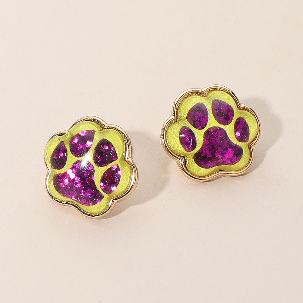 Madeline Love Purple , Yellow Glitter Paw Print GameDay Stud Earrings - Sports & Events