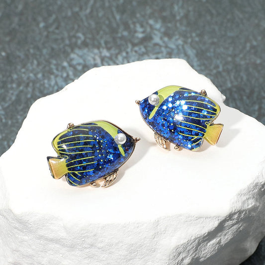 Madeline Love Blue Pearl Confetti Glittered Tropical Fish Stud Earrings