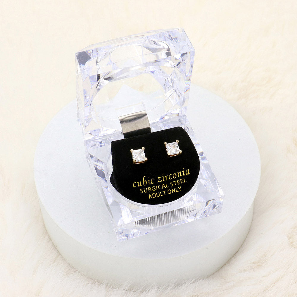 Madeline Love Gold 5mm Square Crystal Cubic Zirconia CZ Stud Earrings with Clear Box
