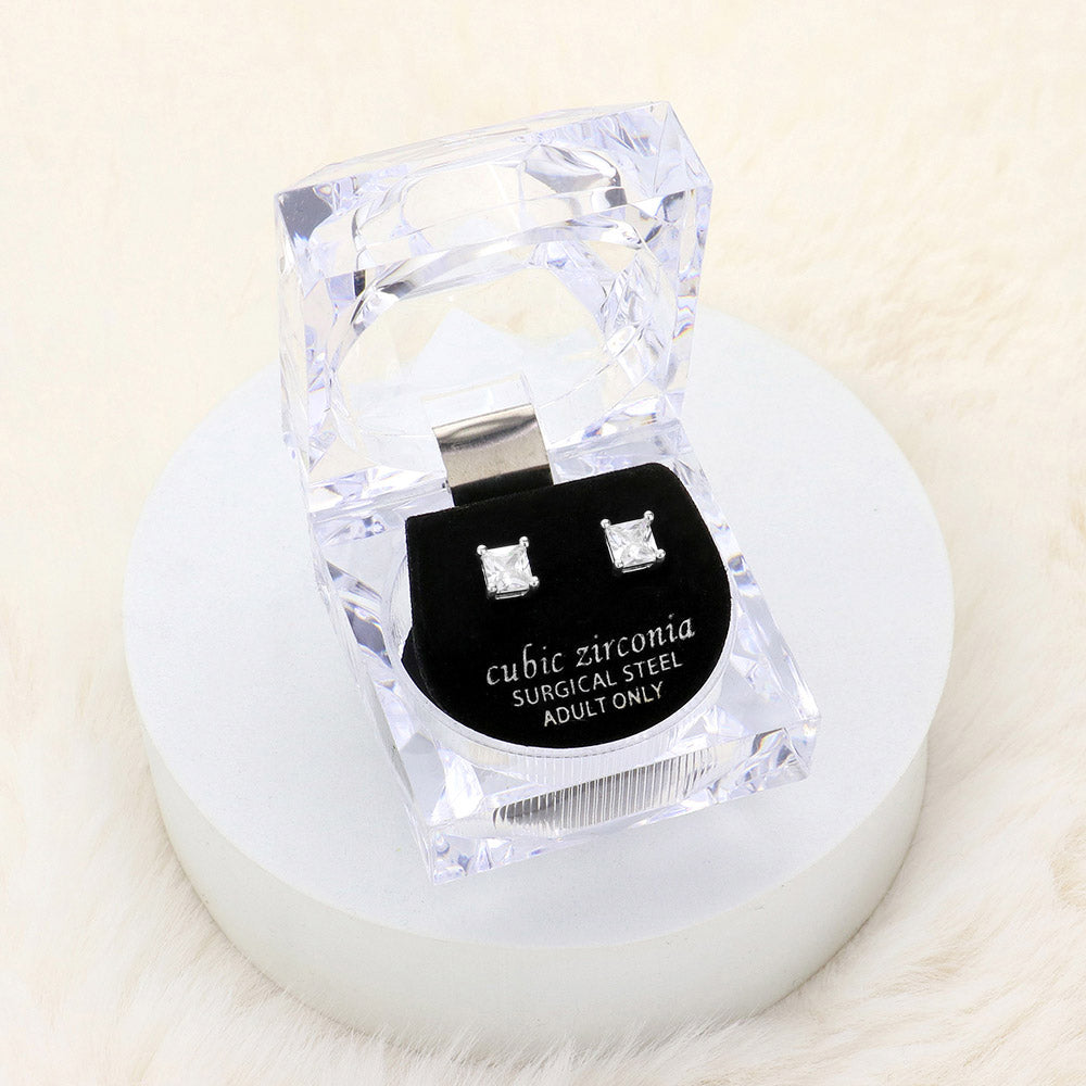 Madeline Love Silver 5mm Square Crystal Cubic Zirconia CZ Stud Earrings with Clear Box