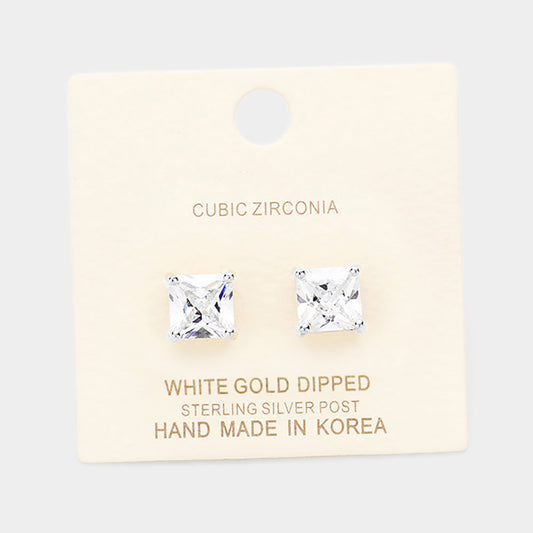 Madeline Love Clear, Rhodium White Gold Dipped 8mm Cubic Zirconia Square Stud Earrings