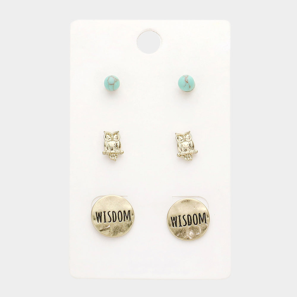 Madeline Love Turquoise, Worn Gold 3Pairs - Turquoise Owl Wisdom Message Stud Earrings