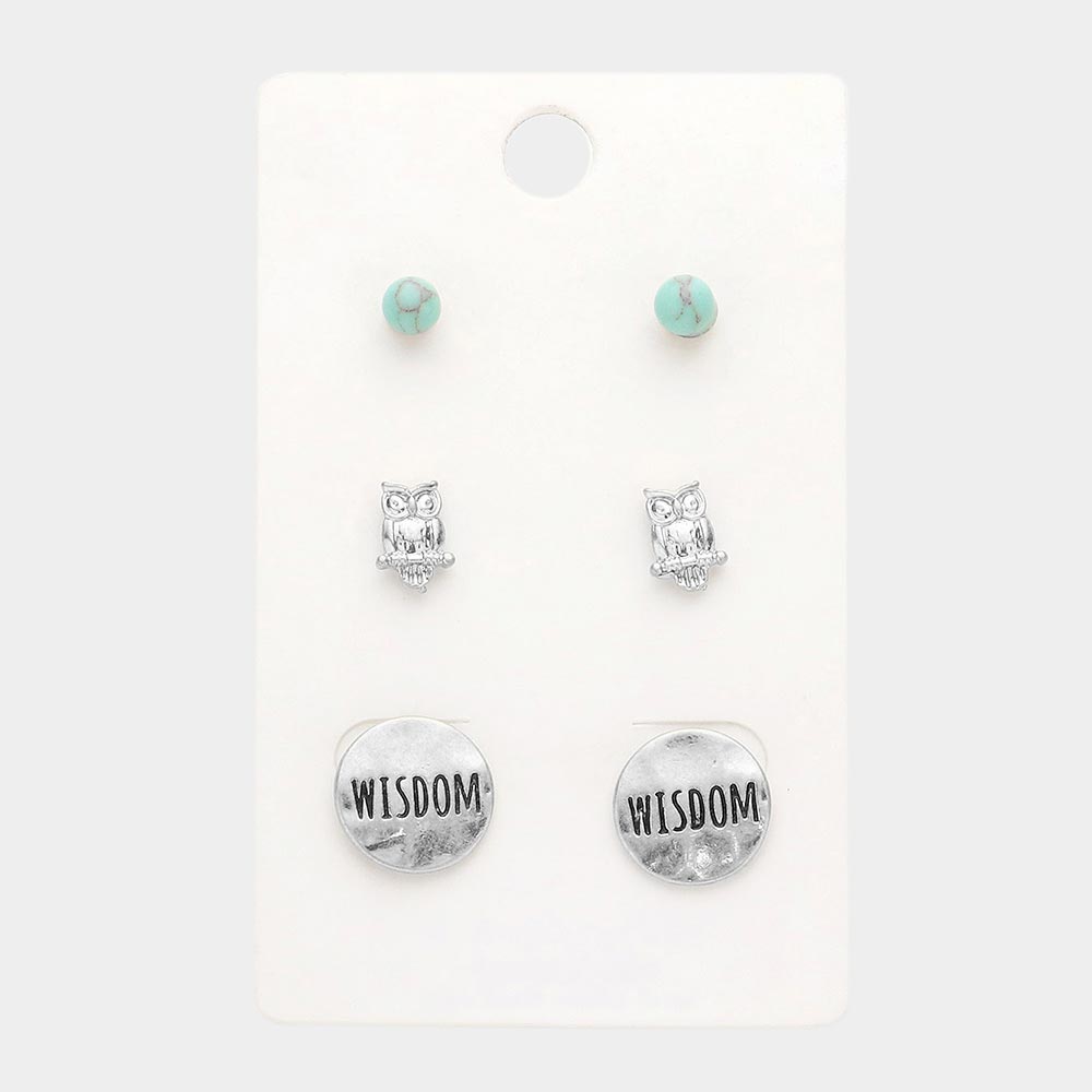 Madeline Love Turquoise, Worn Silver 3Pairs - Turquoise Owl Wisdom Message Stud Earrings