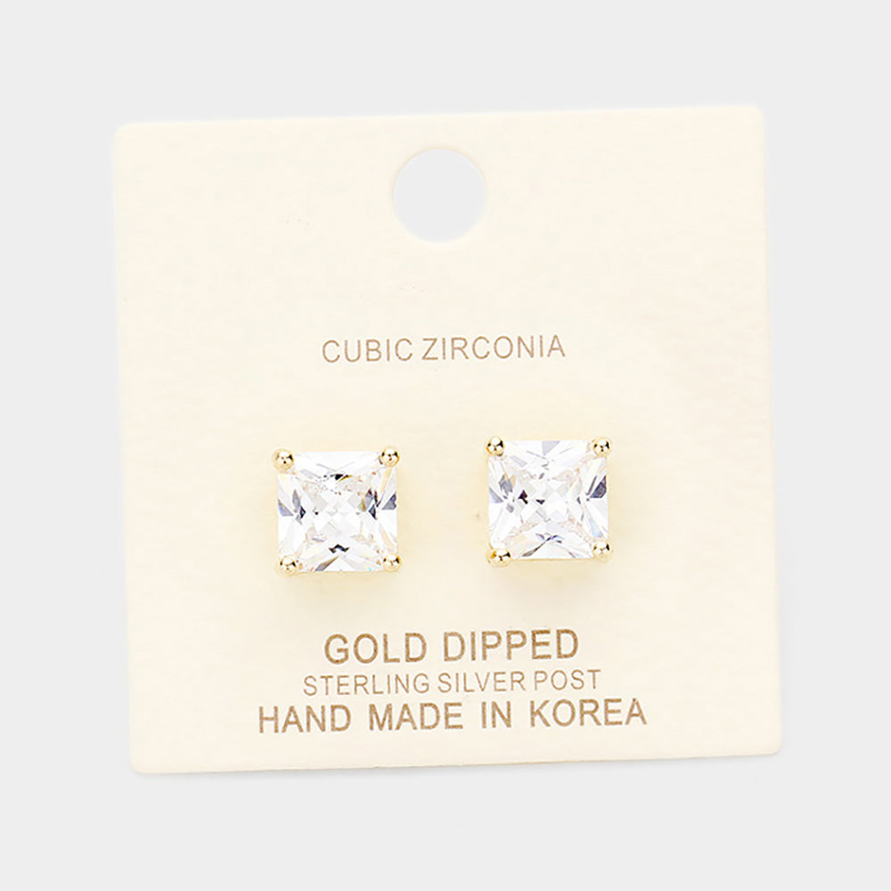 Madeline Love Clear, Gold Gold Dipped 9mm Cubic Zirconia Square Stud Earrings