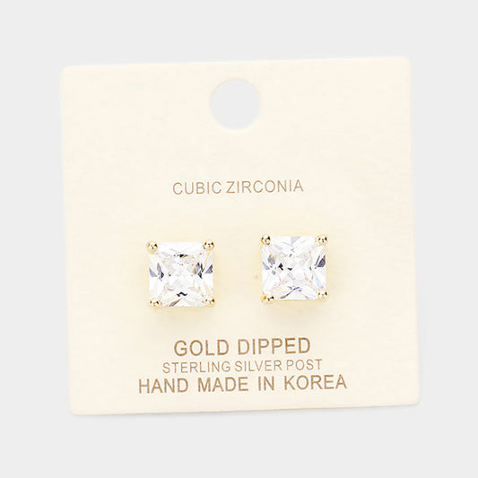 Madeline Love Clear, Gold Gold Dipped 9mm Cubic Zirconia Square Stud Earrings