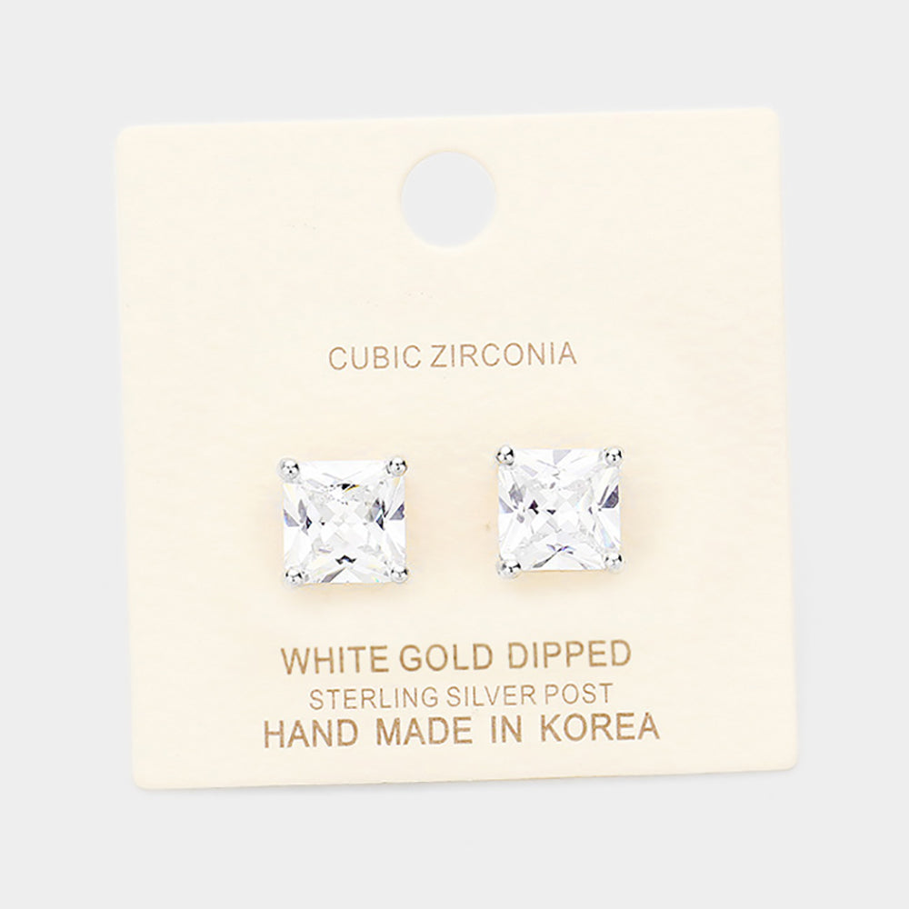 Madeline Love Clear, Rhodium White Gold Dipped 9mm Cubic Zirconia Square Stud Earrings