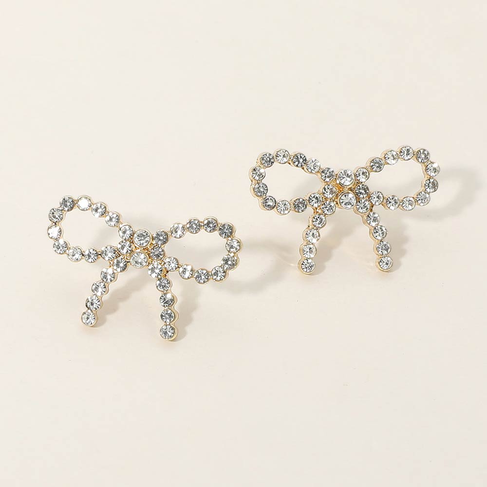 Madeline Love Clear, Gold Gold Dipped Rhinestone Pave Bow Stud Earrings
