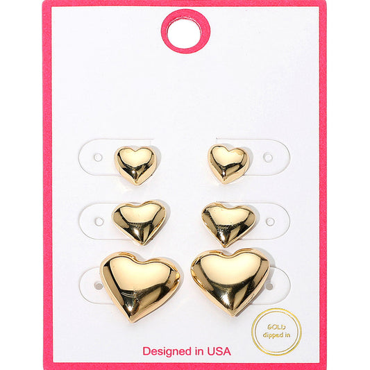 Madeline Love Gold 3Pairs - Gold Dipped Graduated Size Metal Puffy Heart Stud Earrings