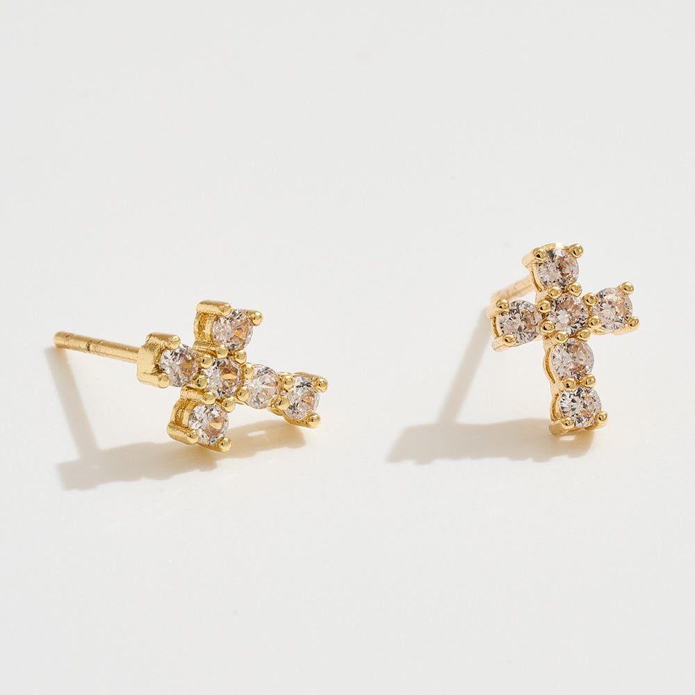 Madeline Love Gold 14K Gold Dipped CZ Stone Cross Mini Stud Earrings