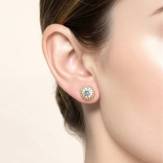 Madeline Love Clear, Gold 14K Gold Dipped Imperial Shine CZ Halo Stud Earrings