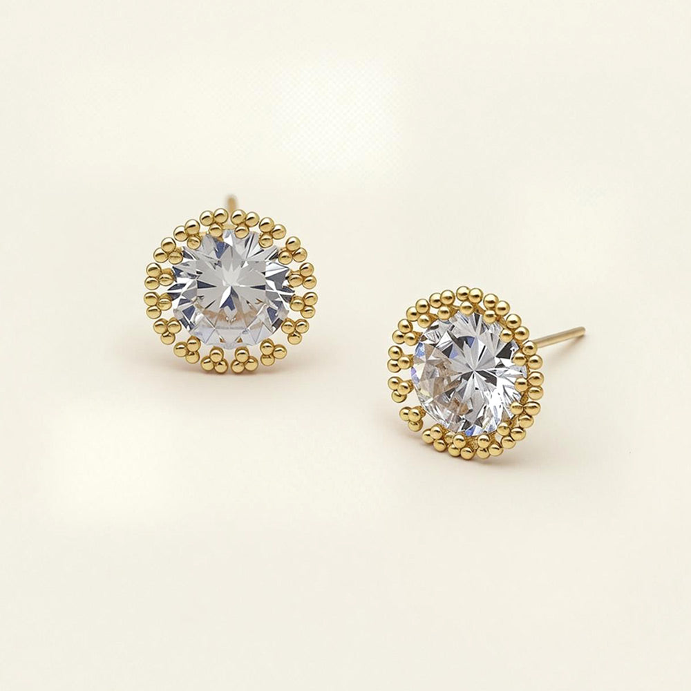 Madeline Love Clear, Gold 14K Gold Dipped Imperial Shine CZ Halo Stud Earrings - desc