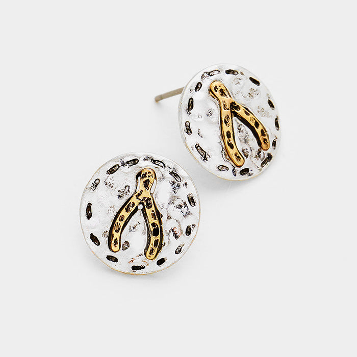 Madeline Love Gold Burnished, Silver Burnished Metal Round Wishbone Stud Earrings