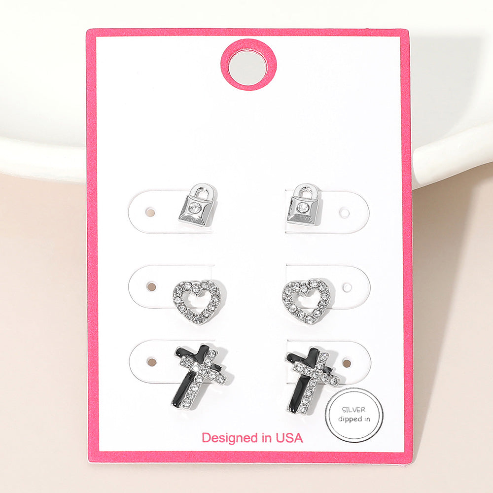 Madeline Love Silver 3Pairs - Silver Dipped Stone Pave Mini Lock Heart Double Cross Stud Earring Set - Earrings