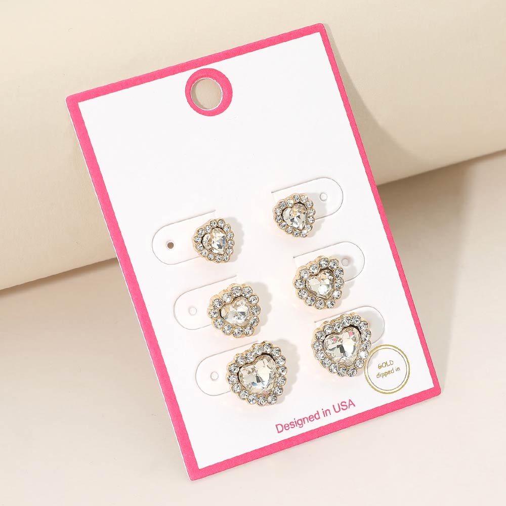 Madeline Love Clear, Gold 3Pairs - Gold Dipped Heart Halo Stud Earring Set - Earrings