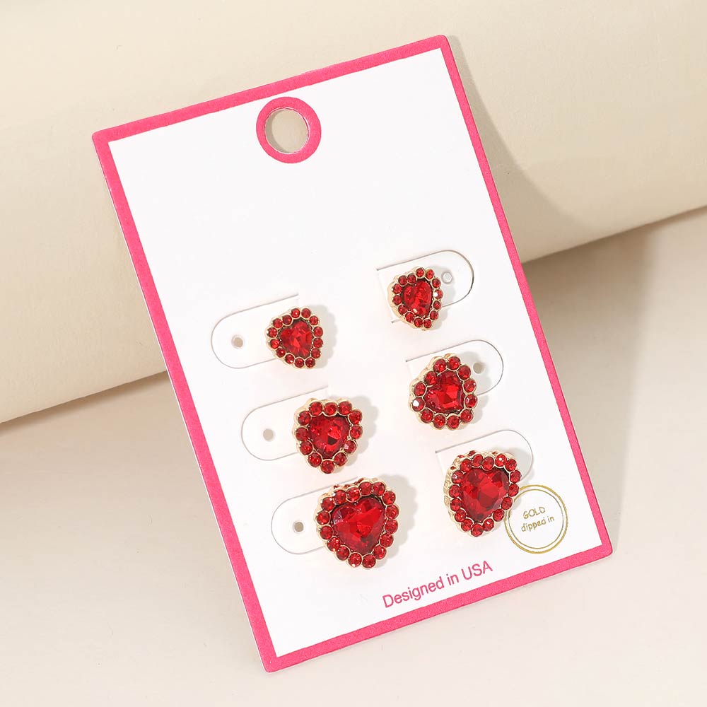 Madeline Love Gold, Siam 3Pairs - Gold Dipped Heart Halo Stud Earring Set - Earrings