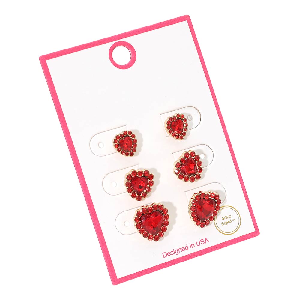 Madeline Love Gold, Siam 3Pairs - Gold Dipped Heart Halo Stud Earring Set - Earrings - desc