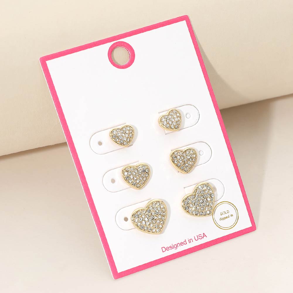 Madeline Love Clear, Gold 3Pairs - Gold Dipped Stone Pave Heart Stud Earring Set - Earrings