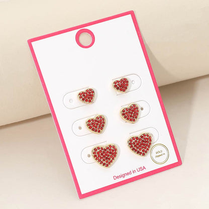 Madeline Love Gold, Siam 3Pairs - Gold Dipped Stone Pave Heart Stud Earring Set - Earrings