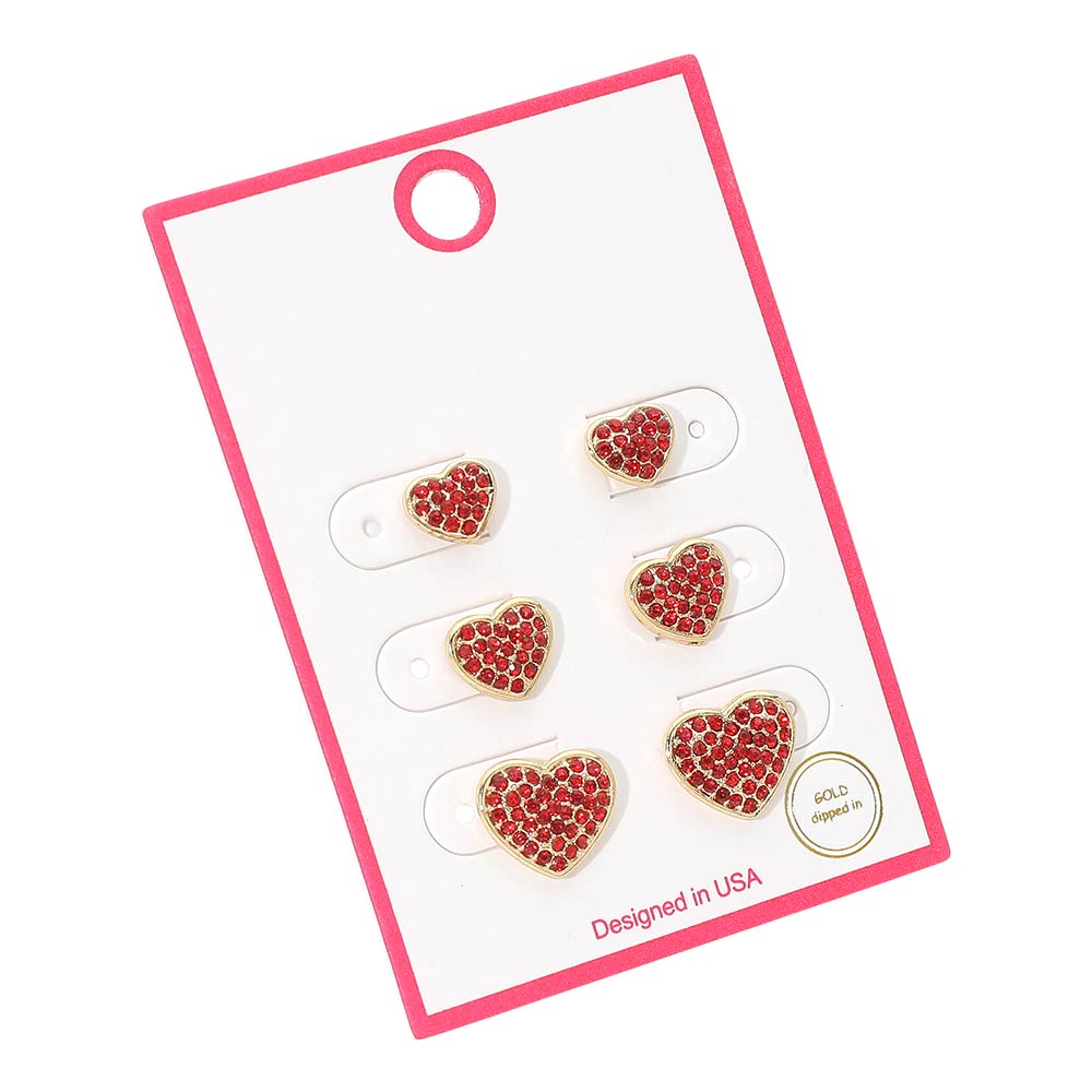Madeline Love Gold, Siam 3Pairs - Gold Dipped Stone Pave Heart Stud Earring Set - Earrings - desc